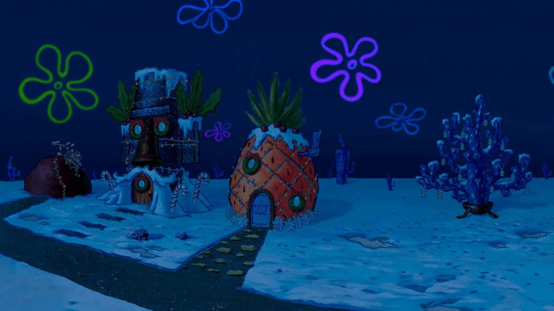 4k海绵宝宝比奇堡圣诞雪景壁纸｜蓝色夜景 - 菠萝屋「哲风壁纸」