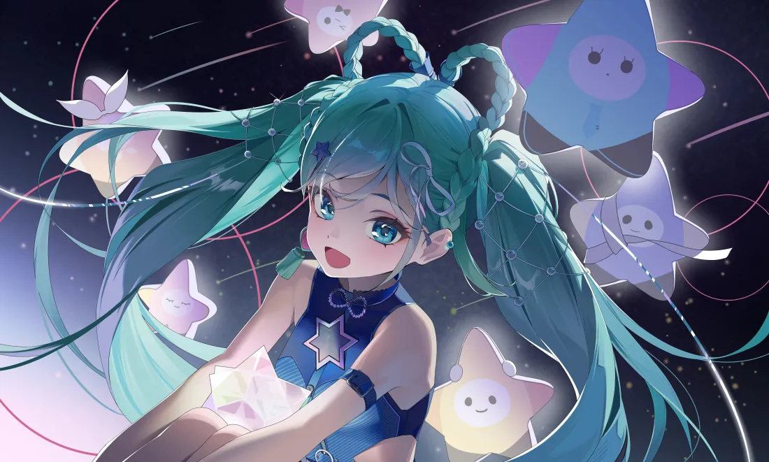 5k初音未来壁纸｜星空星星背景图片 - 蓝发双马尾「哲风壁纸」