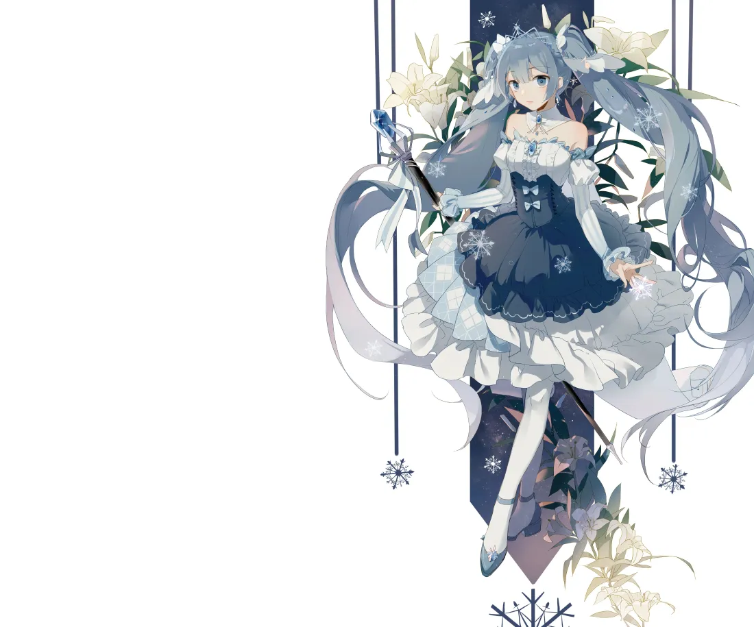 6k初音未来壁纸｜蓝白裙背景图片 - 雪花花朵「哲风壁纸」
