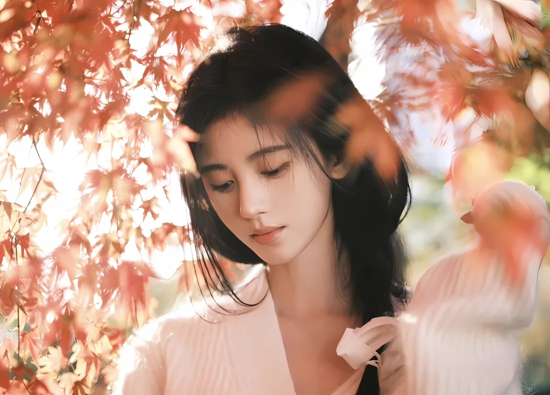 2k鞠婧祎壁纸｜枫叶背景 - 麻花辫毛衣「哲风壁纸」