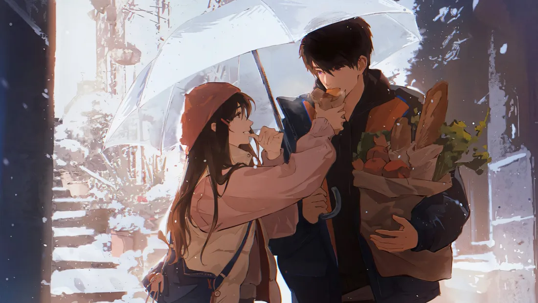 3k动漫情侣壁纸｜雪天街道背景图片 - 雨伞面包「哲风壁纸」