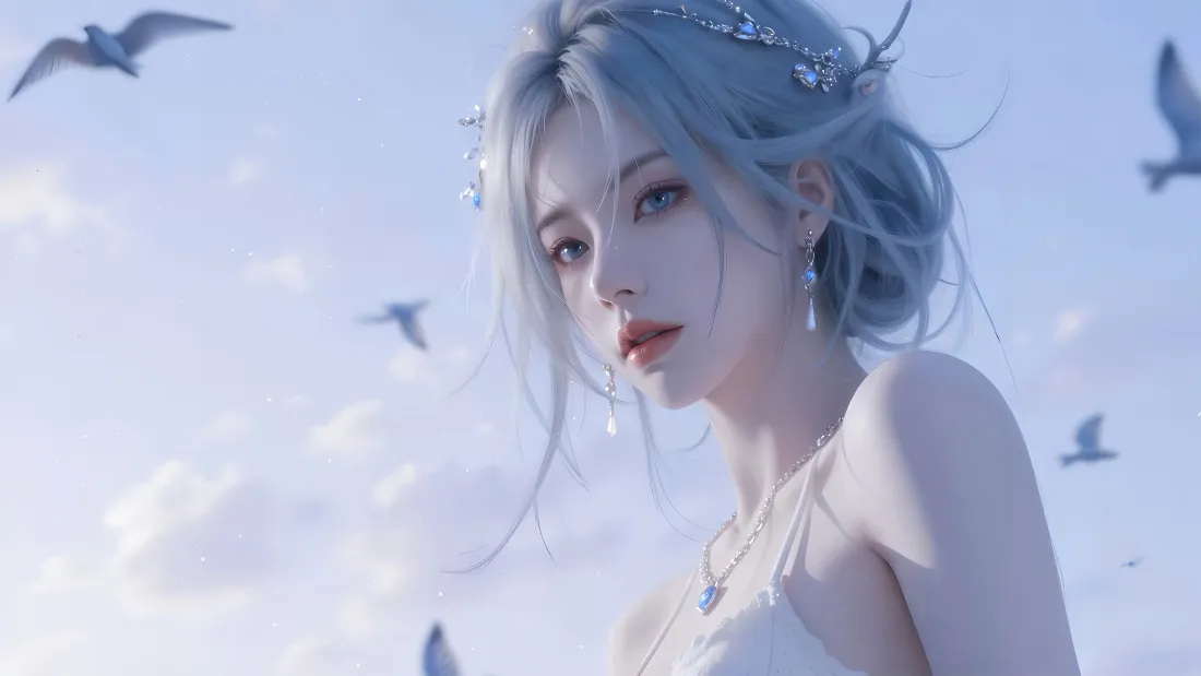 4k蓝发公主壁纸｜蓝天飞鸟背景图片 - 美丽公主「哲风壁纸」
