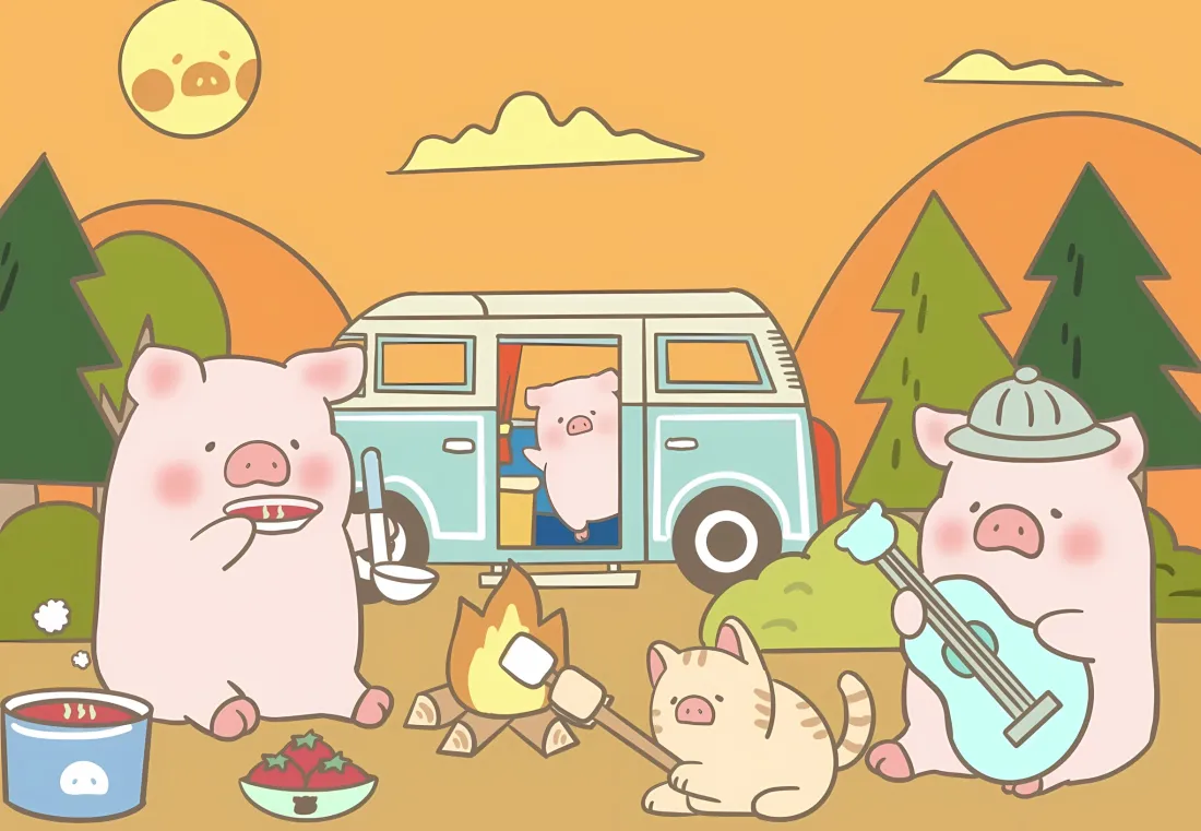 2klulu猪壁纸｜户外露营背景 - 卡通小猪「哲风壁纸」
