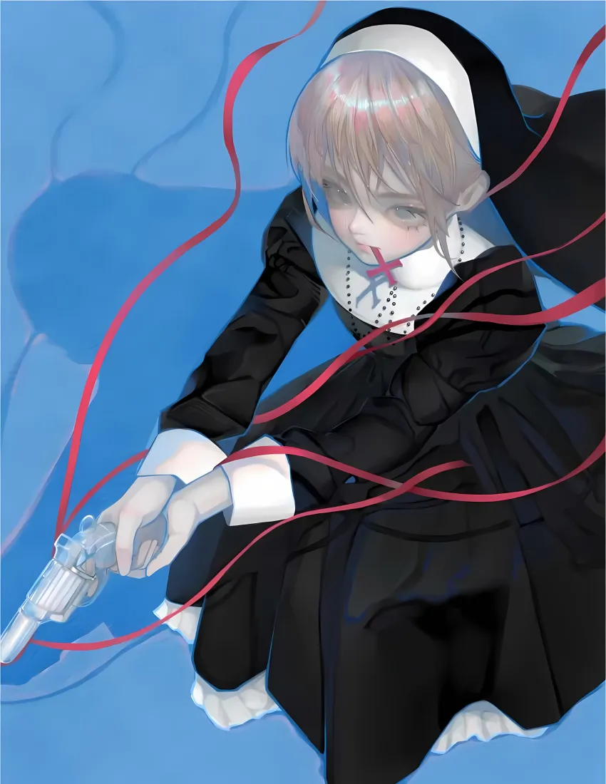 二次元修女手枪手机壁纸｜蓝色背景 - 红丝带「哲风壁纸」