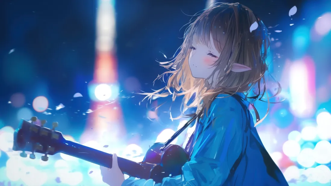 4k蓝衣精灵耳女孩壁纸｜夜景光斑背景图片 - 弹吉他「哲风壁纸」