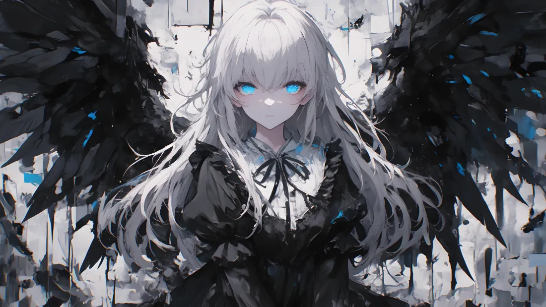 4k动漫天使壁纸｜暗黑背景 - 白发蓝眼黑翼「哲风壁纸」
