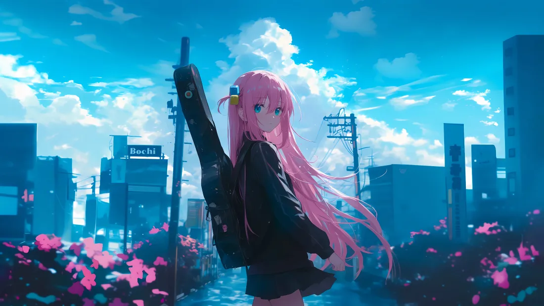 4k粉发少女壁纸｜城市背景 - 蓝天粉花「哲风壁纸」