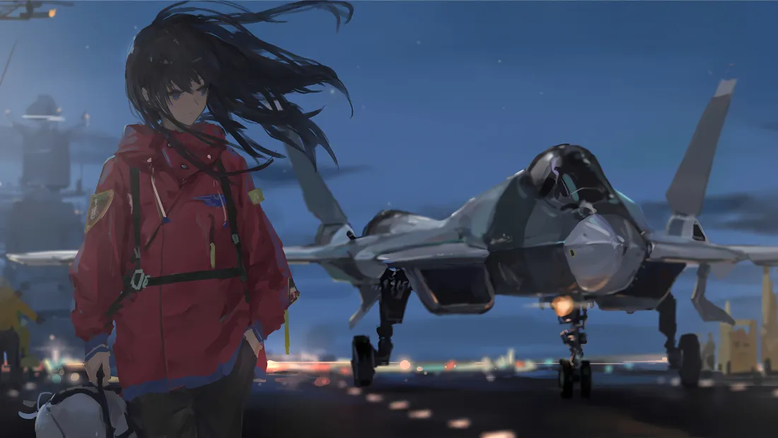 4k二次元飞行员壁纸｜夜晚飞机背景 - 红色外套「哲风壁纸」