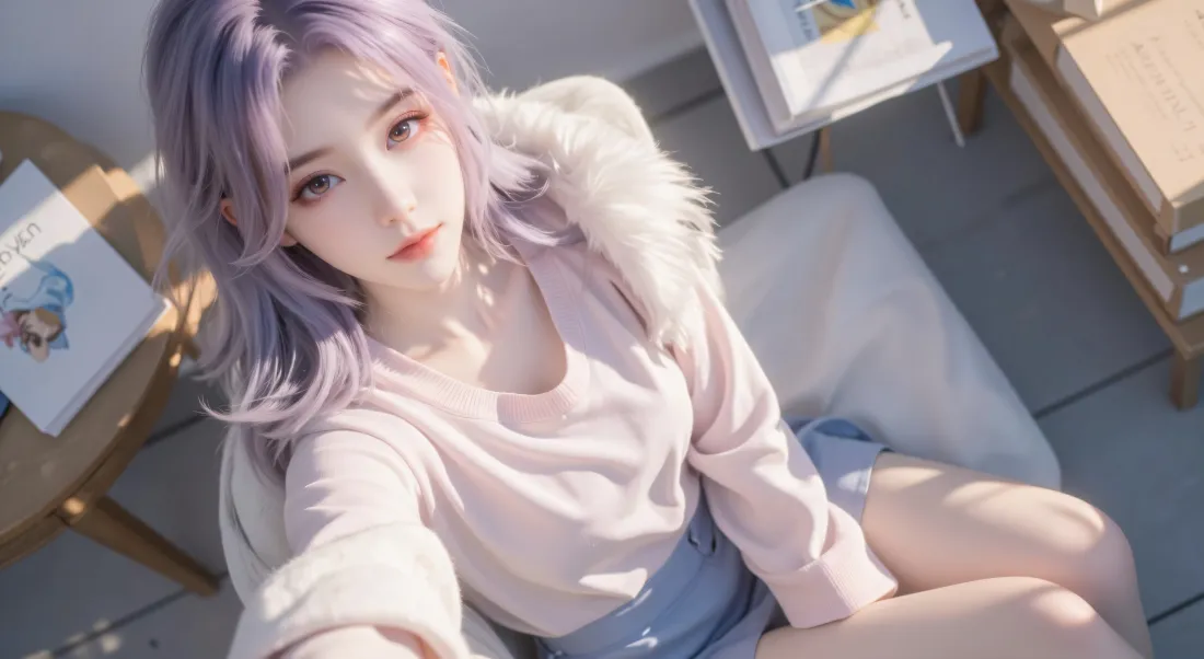 7k紫发女生壁纸｜室内自拍背景 - 浅粉穿搭「哲风壁纸」