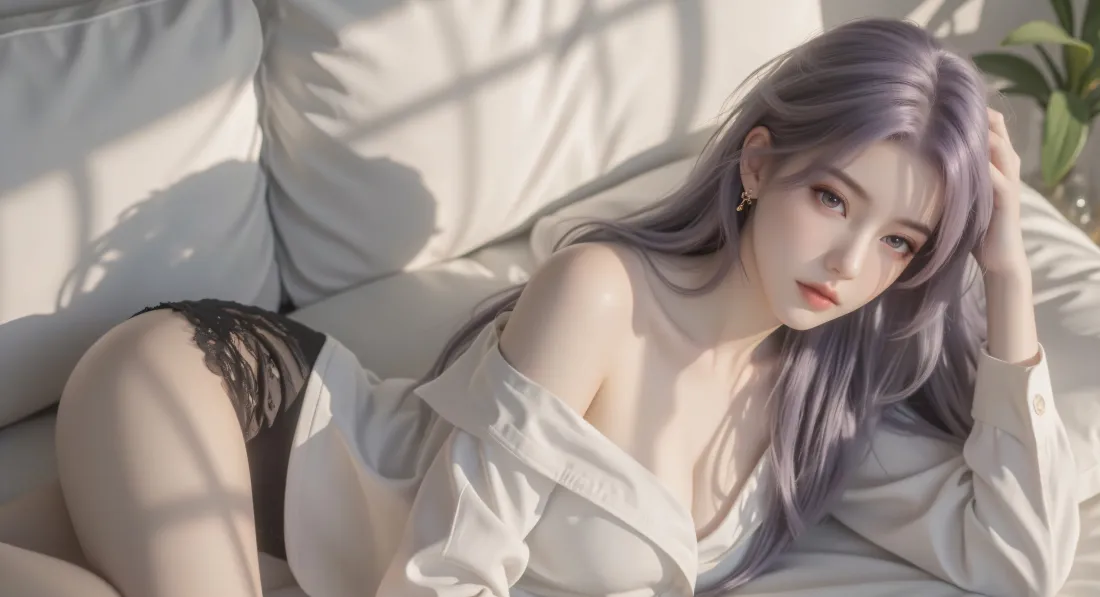 7k紫发美女壁纸｜沙发背景 - 白色上衣「哲风壁纸」