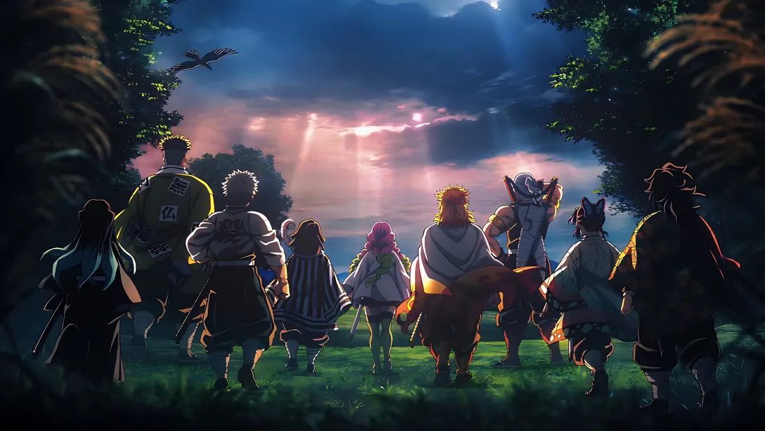 4k鬼灭之刃壁纸｜黄昏草地背景图 - 角色背影「哲风壁纸」