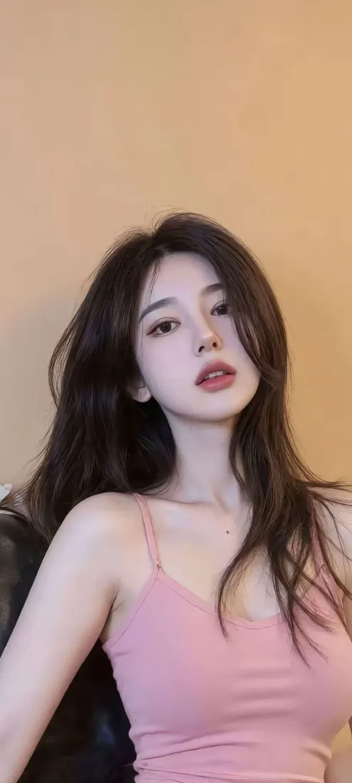 粉色吊带美女手机壁纸｜暖黄背景 - 长发美女「哲风壁纸」