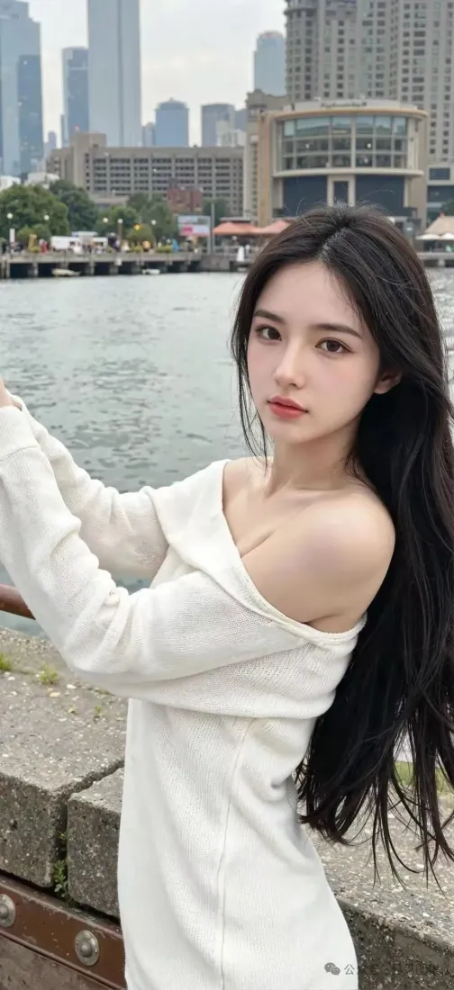白衣美女手机壁纸｜城市水景背景 - 露肩长发「哲风壁纸」