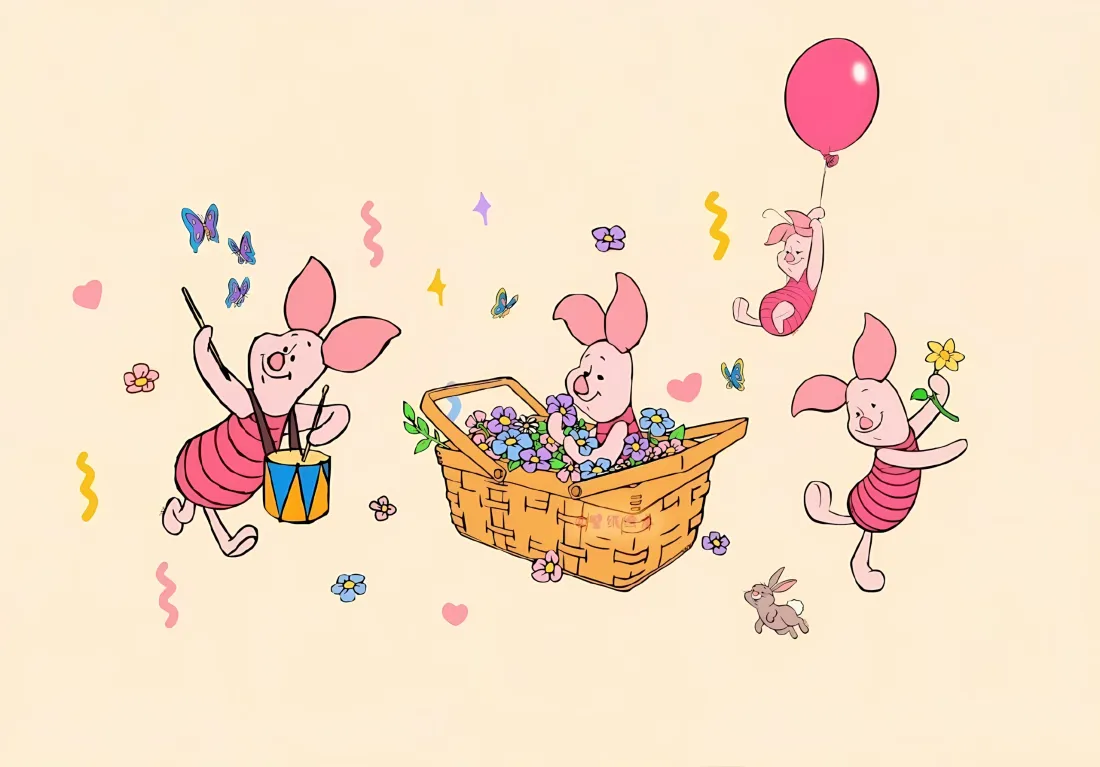 3k小猪皮杰壁纸｜卡通背景 - 气球花朵「哲风壁纸」