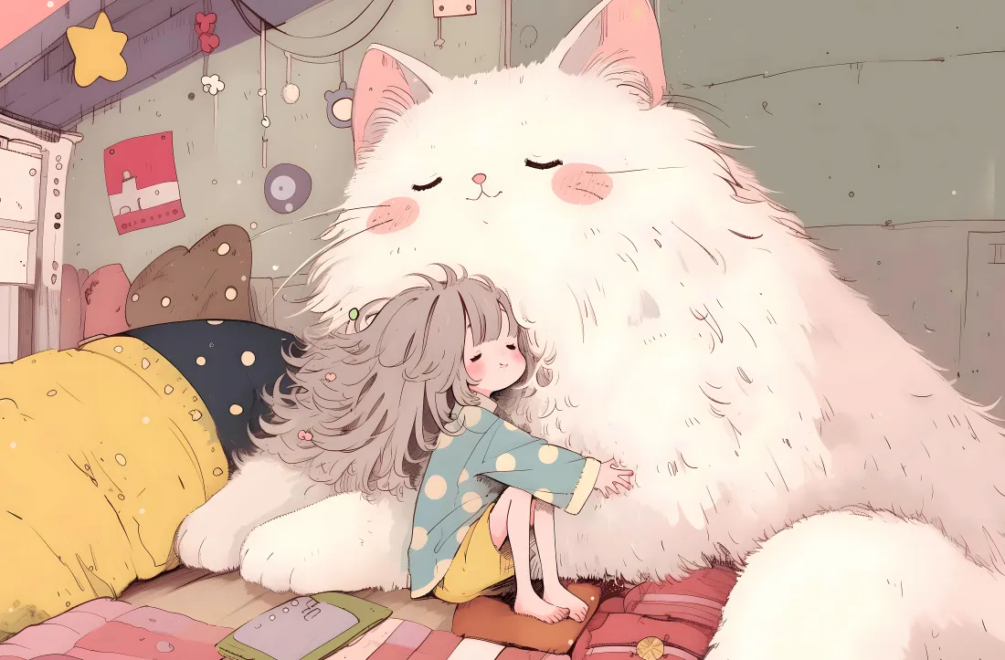 8k巨型猫咪壁纸｜温馨房间背景 - 卡通女孩「哲风壁纸」