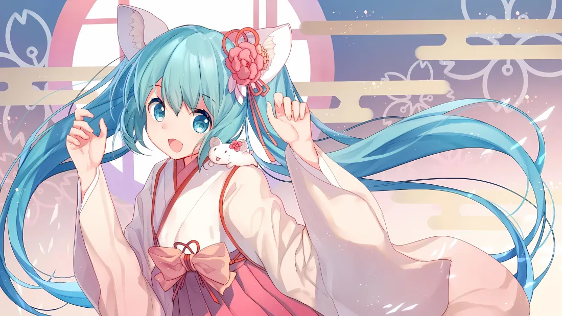 4k初音未来和服壁纸｜日式背景 - 蓝发「哲风壁纸」