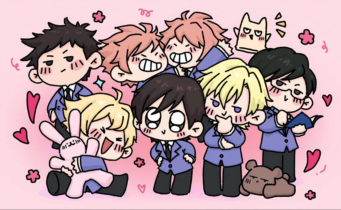 2k樱兰高校Q版壁纸｜粉色背景 - 蓝色制服角色「哲风壁纸」