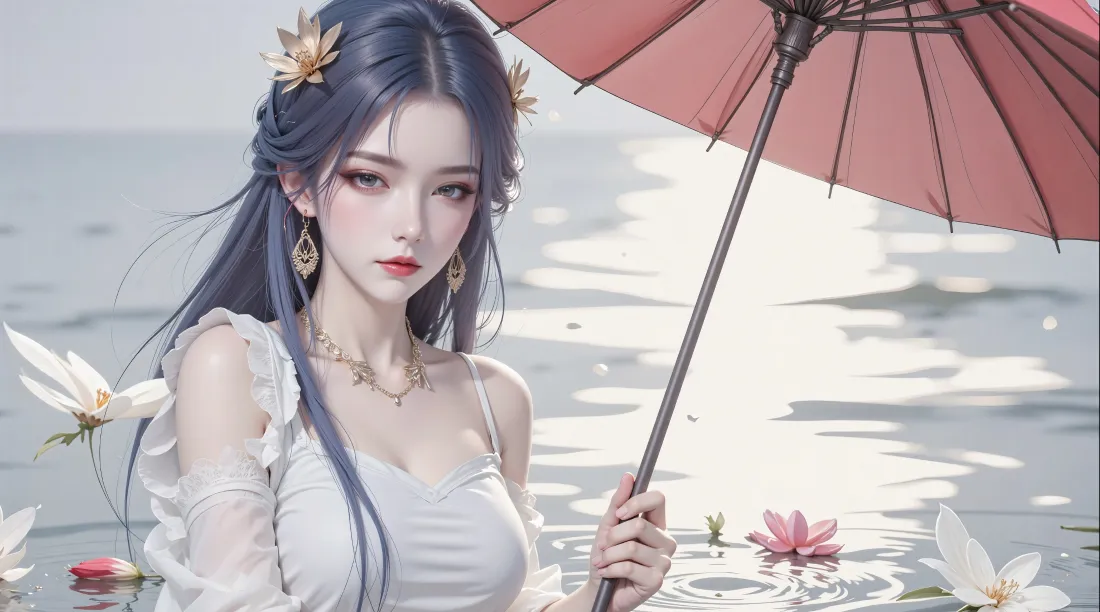 3k蓝发女子壁纸｜荷花水面背景图片 - 红色伞「哲风壁纸」