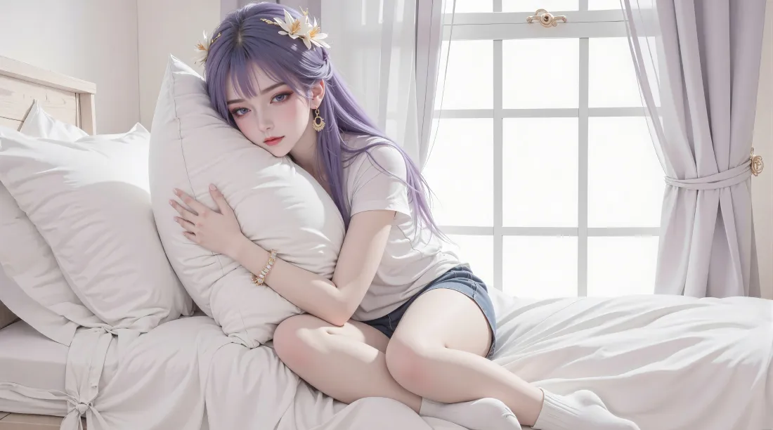 3k紫发少女壁纸｜卧室背景 - 温馨抱枕「哲风壁纸」