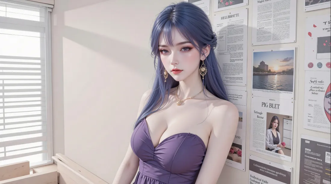 3k蓝发美女壁纸｜报纸墙背景 - 紫色抹胸裙「哲风壁纸」