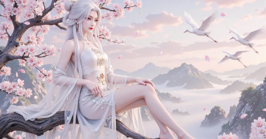 6k诛仙小白壁纸｜樱花仙鹤背景 - 古风白衣「哲风壁纸」