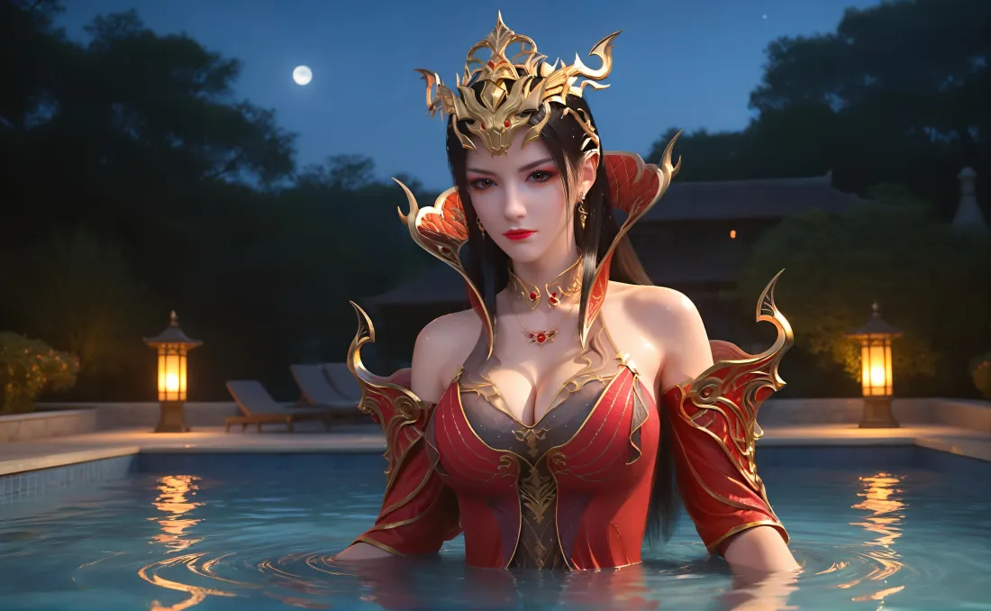 6k美杜莎壁纸｜斗破苍穹背景 - 红衣水池夜景「哲风壁纸」