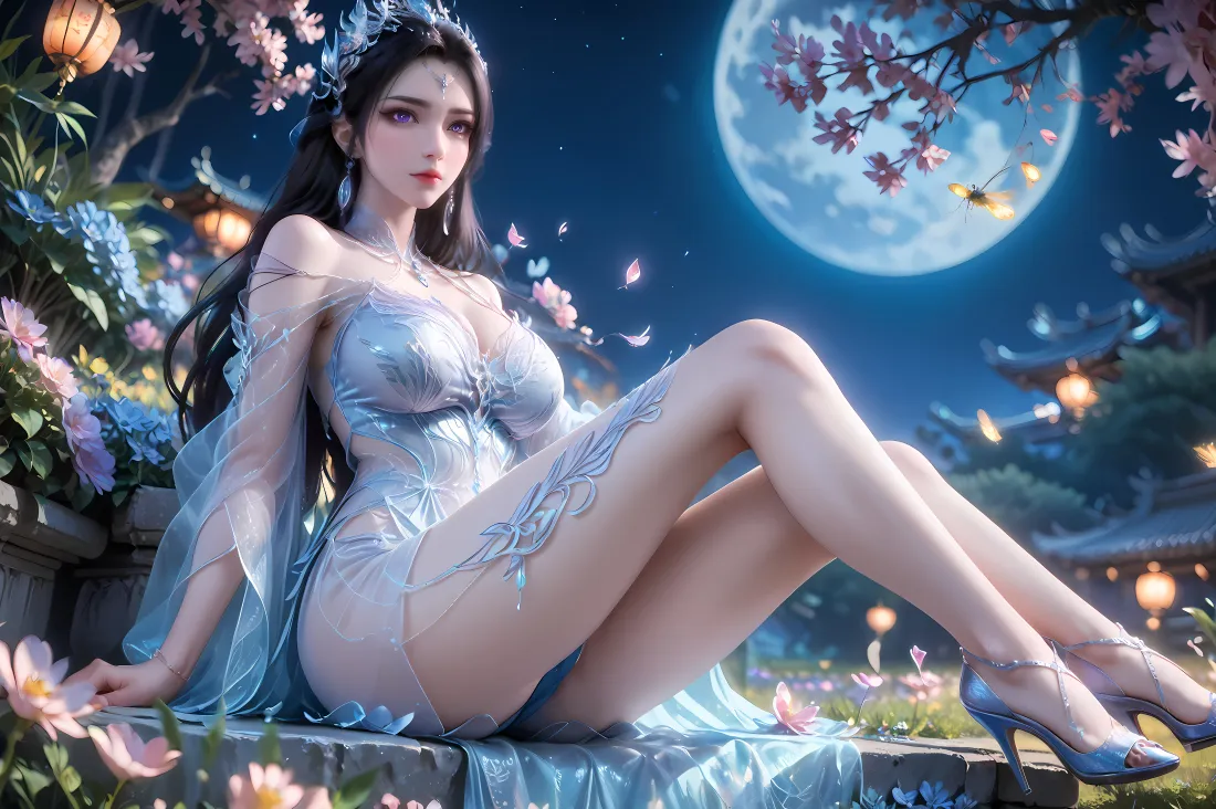 4k叶婵宫壁纸｜月夜樱花背景 - 蓝色古装美女「哲风壁纸」