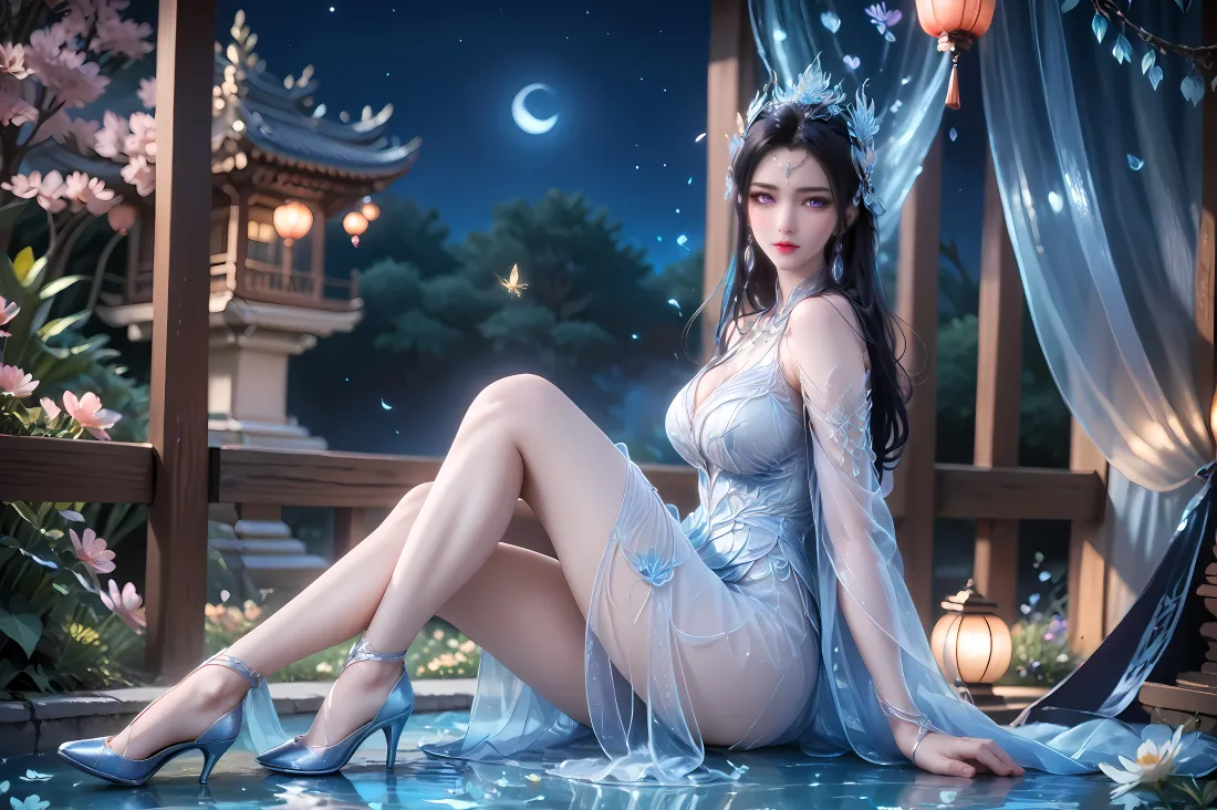 4k叶婵宫壁纸｜古风夜景背景图片 - 蓝衣美女「哲风壁纸」