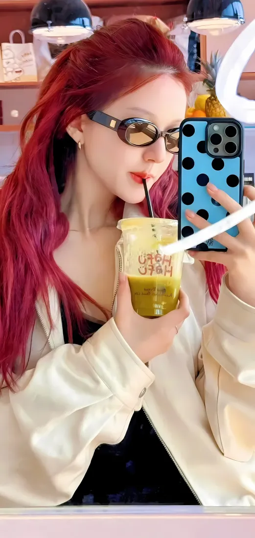 赵露思红发手机壁纸｜自拍图 - 墨镜饮品「哲风壁纸」
