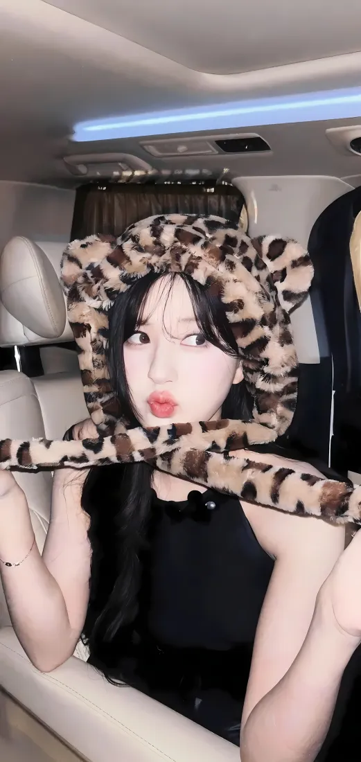 赵露思豹纹帽手机壁纸｜车内背景 - 黑色穿搭「哲风壁纸」