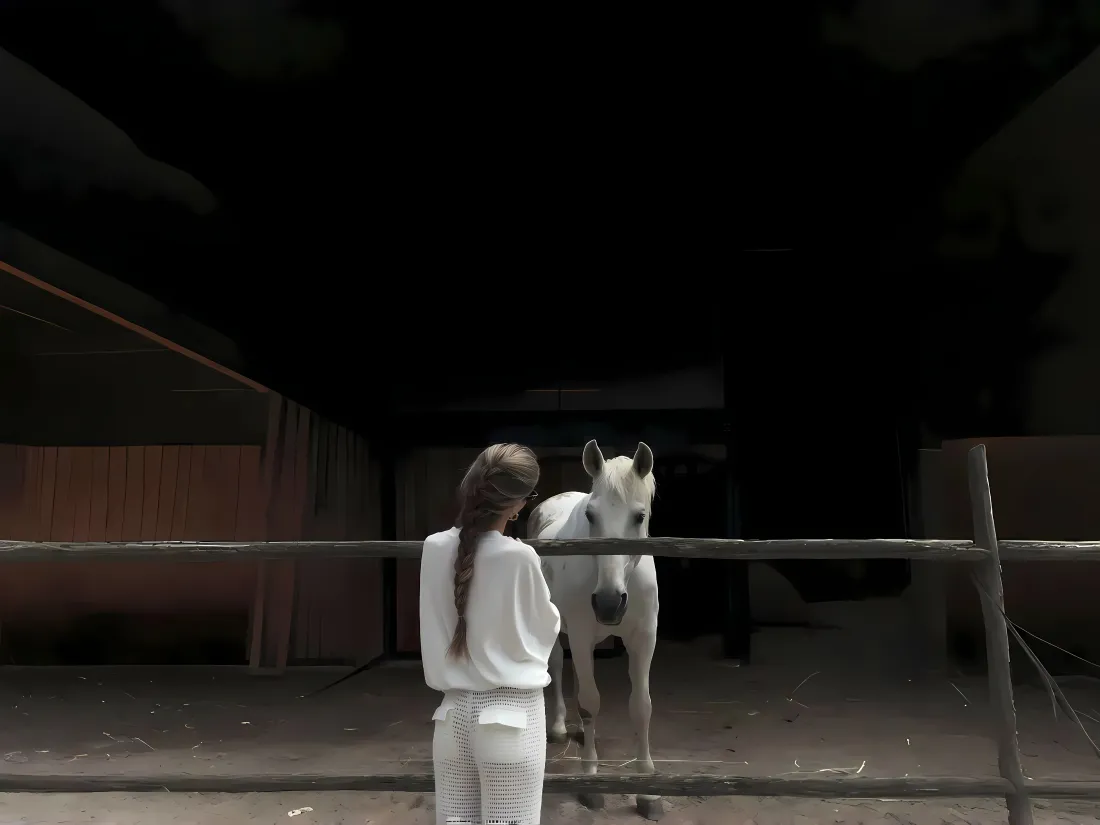 4k美女白马壁纸｜马厩背景 - 夜晚围栏白衣「哲风壁纸」