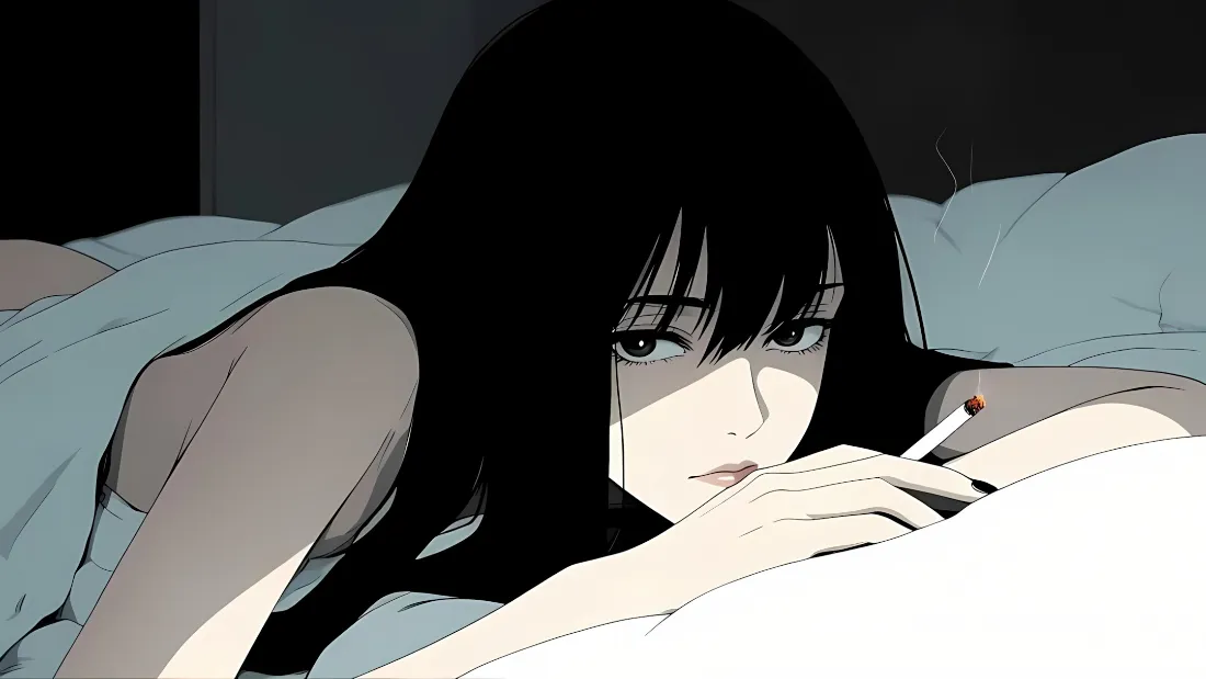 2k黑发动漫女抽烟壁纸｜床上背景 - 昏暗「哲风壁纸」