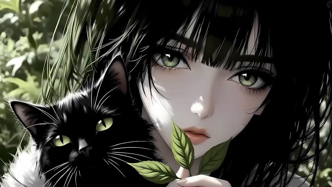 2k黑猫动漫女孩壁纸｜绿植背景 - 二次元「哲风壁纸」