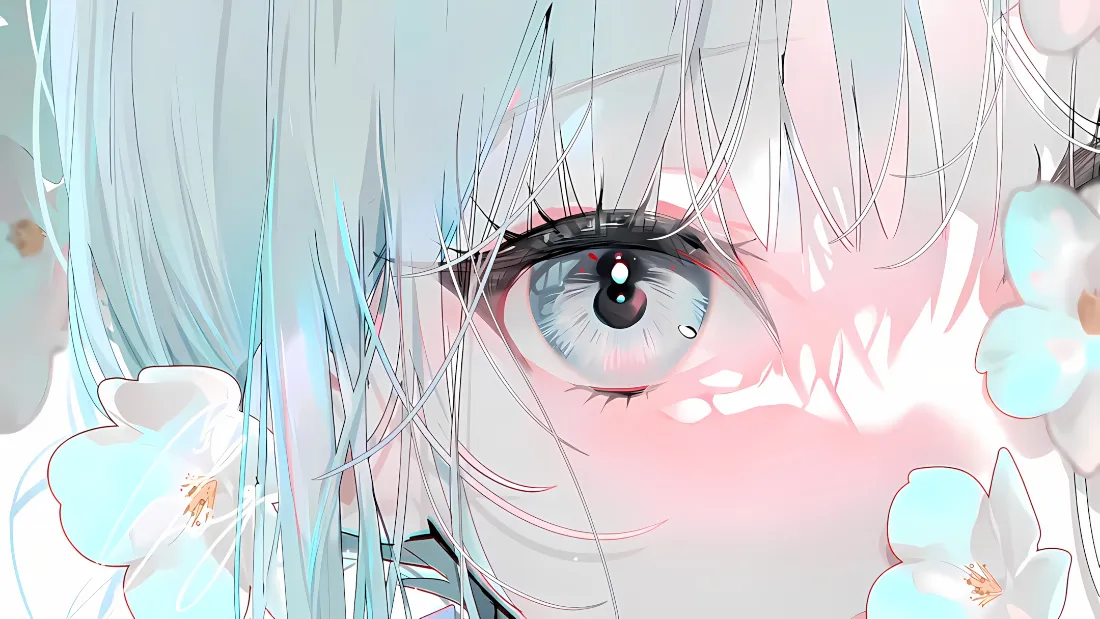 2k二次元少女壁纸｜蓝瞳背景 - 浅蓝发白花「哲风壁纸」