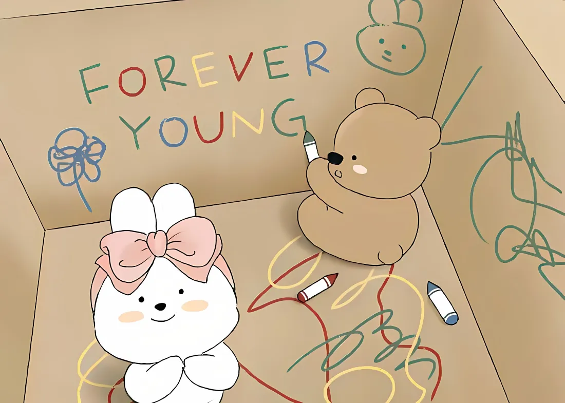 2k卡通小熊兔子壁纸｜纸箱涂鸦背景 - 彩色画笔「哲风壁纸」