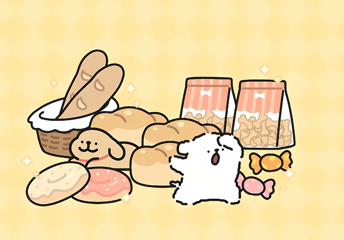 2k线条小狗面包壁纸｜黄背景 - 卡通零食「哲风壁纸」