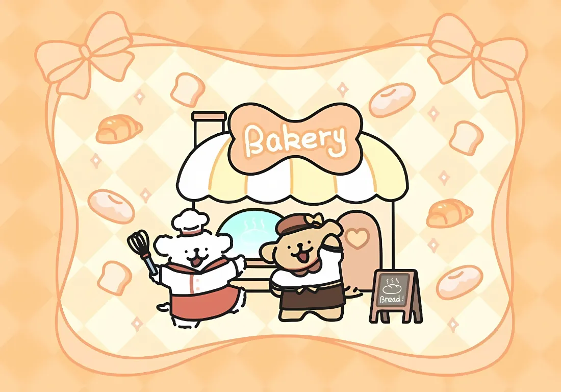 2k卡通小狗面包店壁纸｜偏黄背景 - 烘焙「哲风壁纸」