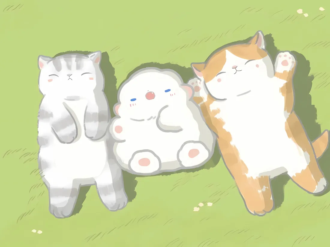2k卡通小猫团子壁纸｜草地背景 - 可爱治愈「哲风壁纸」