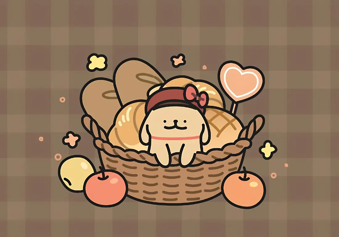 2k线条小狗壁纸｜竹篮背景图片 - 面包苹果爱心「哲风壁纸」