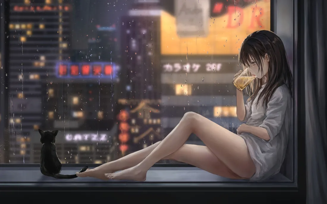3k赛博少女窗台壁纸｜都市夜景-二次元「哲风壁纸」