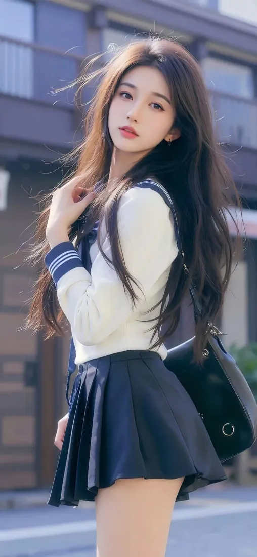 美女手机壁纸｜街道背景图 - 水手服穿搭「哲风壁纸」