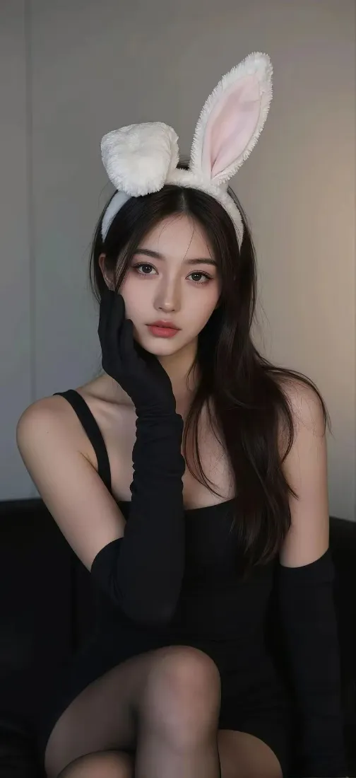 兔耳美女手机壁纸｜室内背景图片 - 黑丝性感「哲风壁纸」