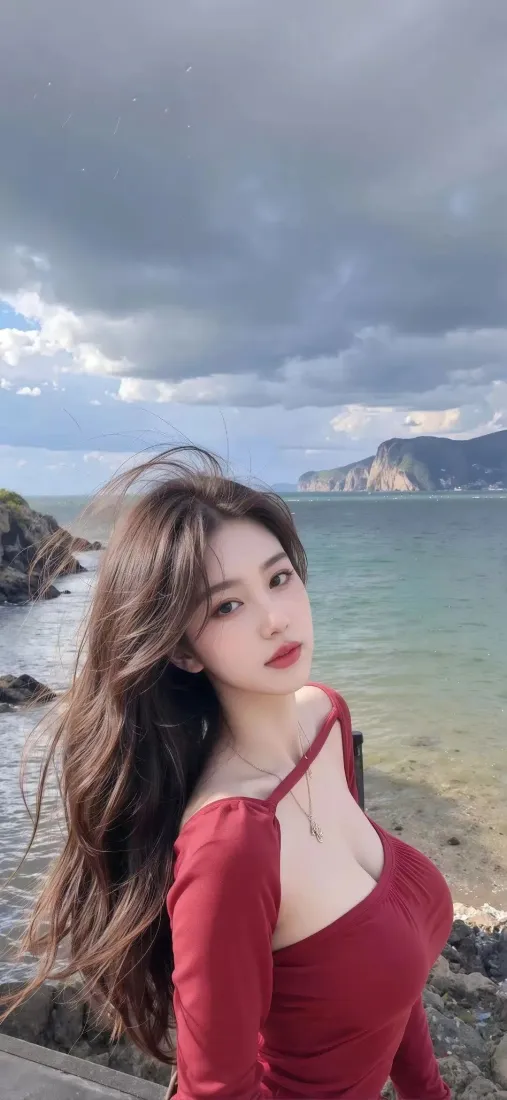 红衣美女手机壁纸｜海边背景图片 - 海景「哲风壁纸」