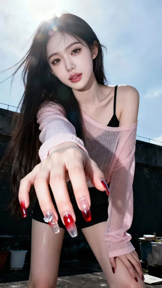 美女手机壁纸｜蓝天背景 - 红色美甲「哲风壁纸」