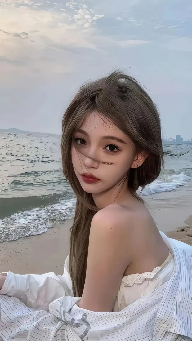 海边美女手机壁纸｜沙滩背景图片 - 白衣长发「哲风壁纸」