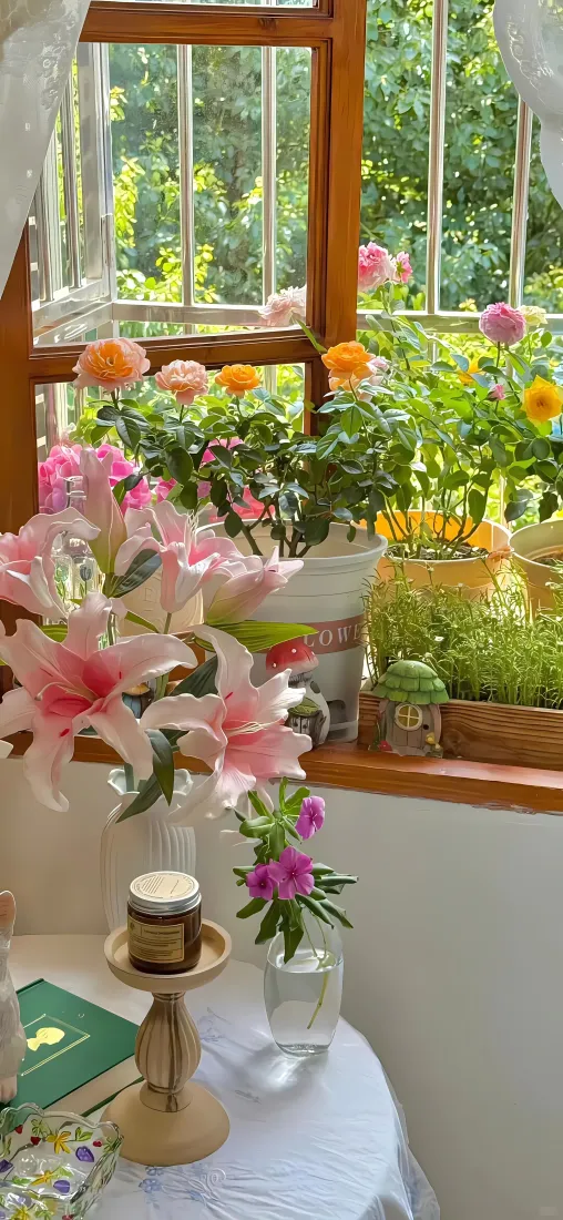 百合花烛台手机壁纸｜窗台花束背景 - 室内「哲风壁纸」