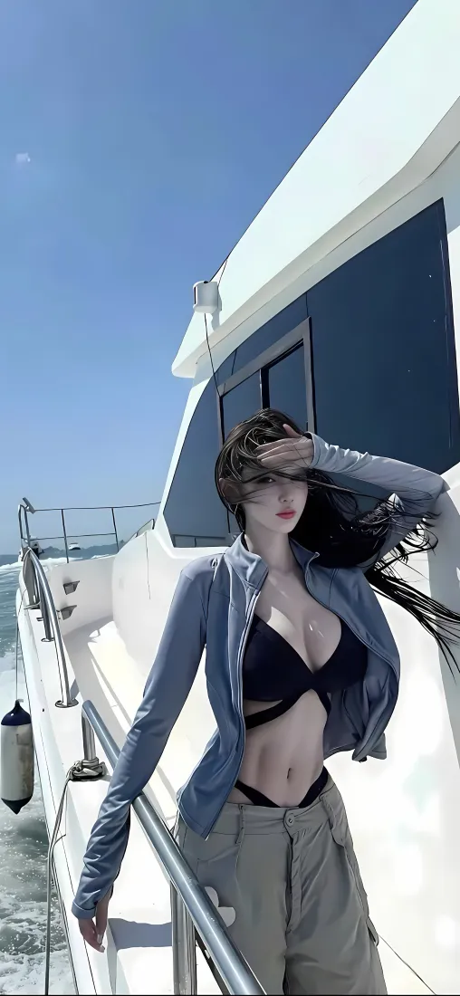 美女游艇手机壁纸｜蓝天背景图片 - 时尚穿搭「哲风壁纸」