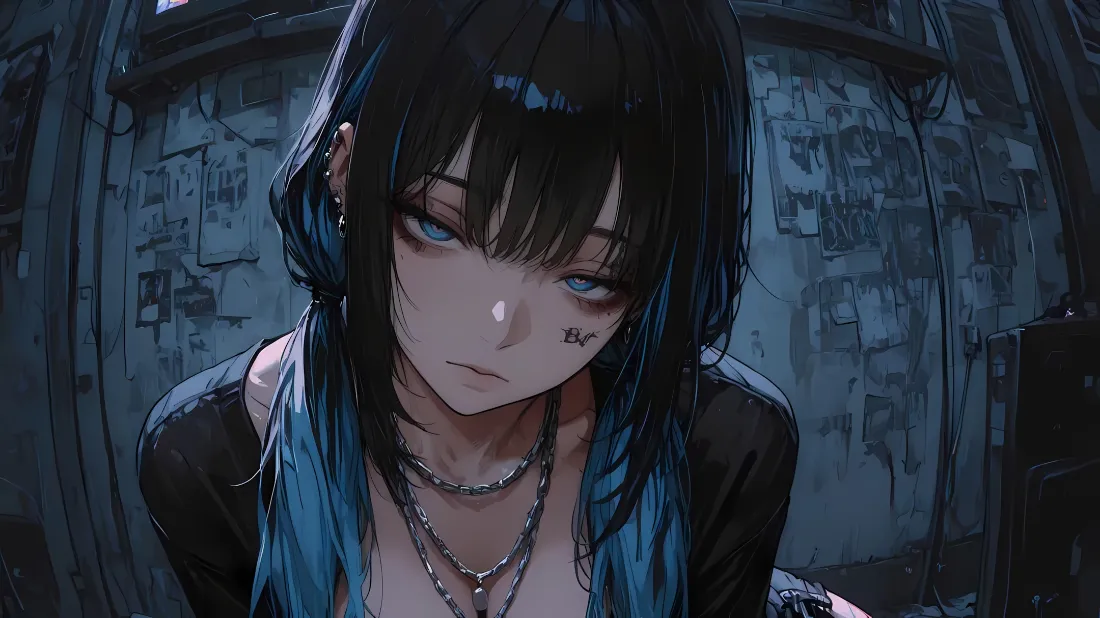 2k暗黑系女孩壁纸｜破旧背景图片 - 黑蓝发「哲风壁纸」