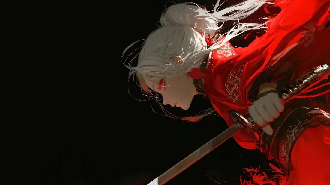 2k白发红衣武士壁纸｜暗背景 - 二次元「哲风壁纸」