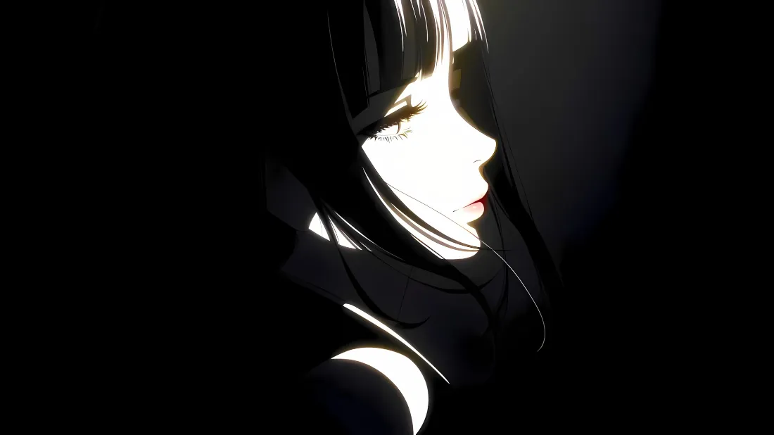 2k动漫女孩壁纸｜暗调背景 - 黑长直侧脸「哲风壁纸」